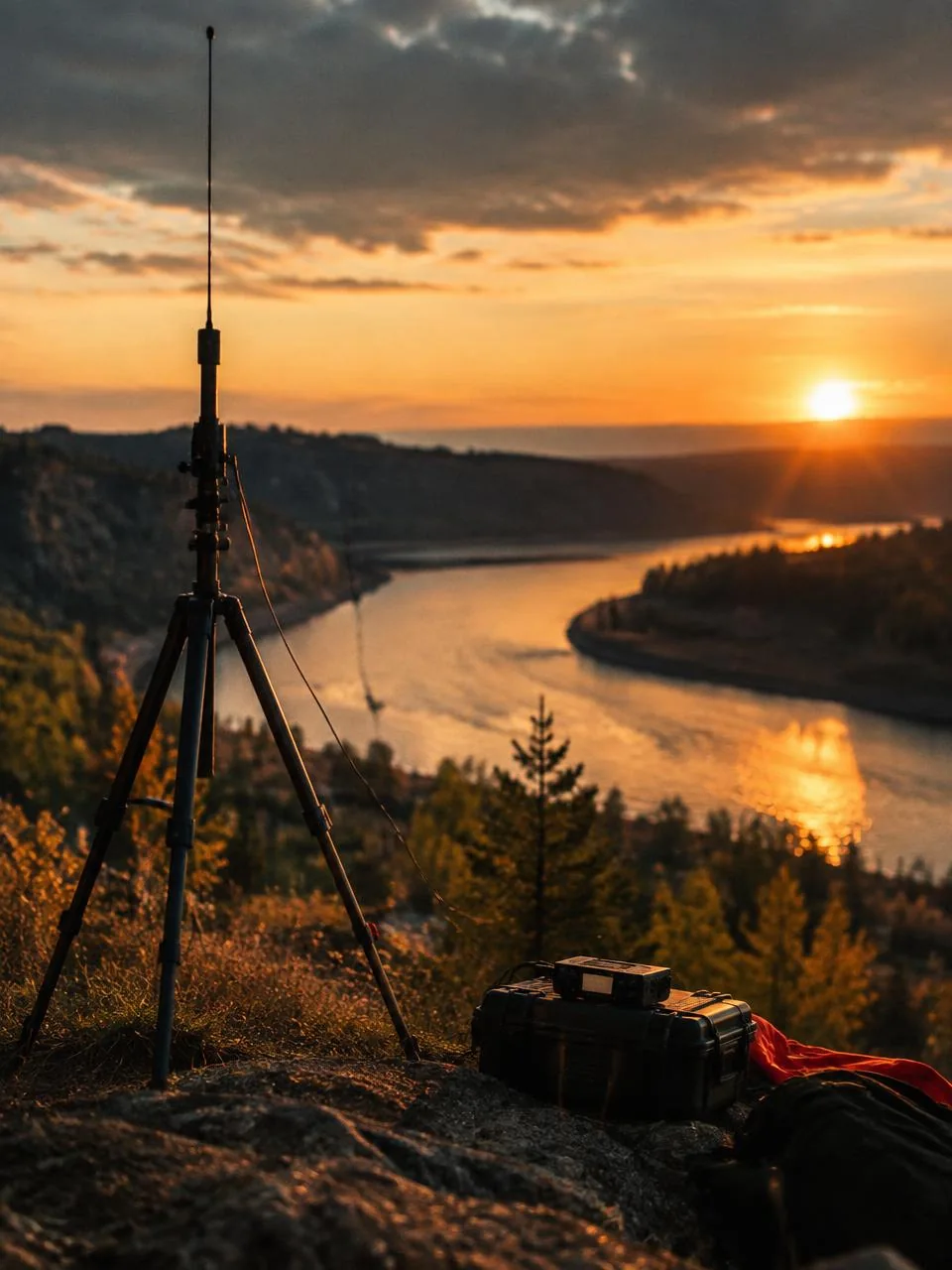 Portable antenna mast on a river bend at sunset